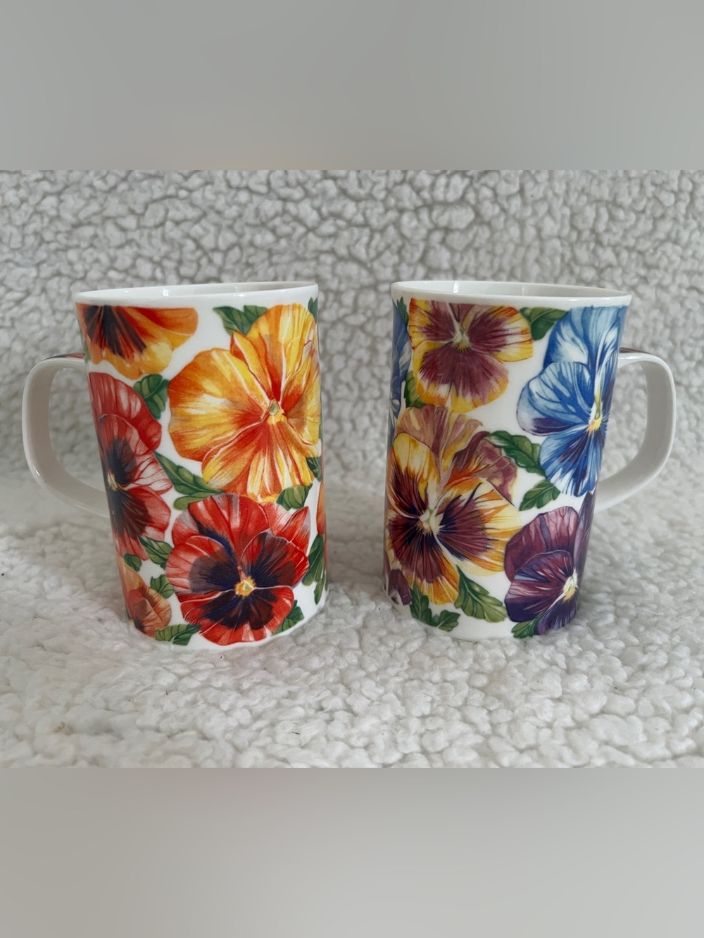 2, Dunoon Pansies Coffee/Tea Mug, Fine Bone China, Painting Floral, 10floz